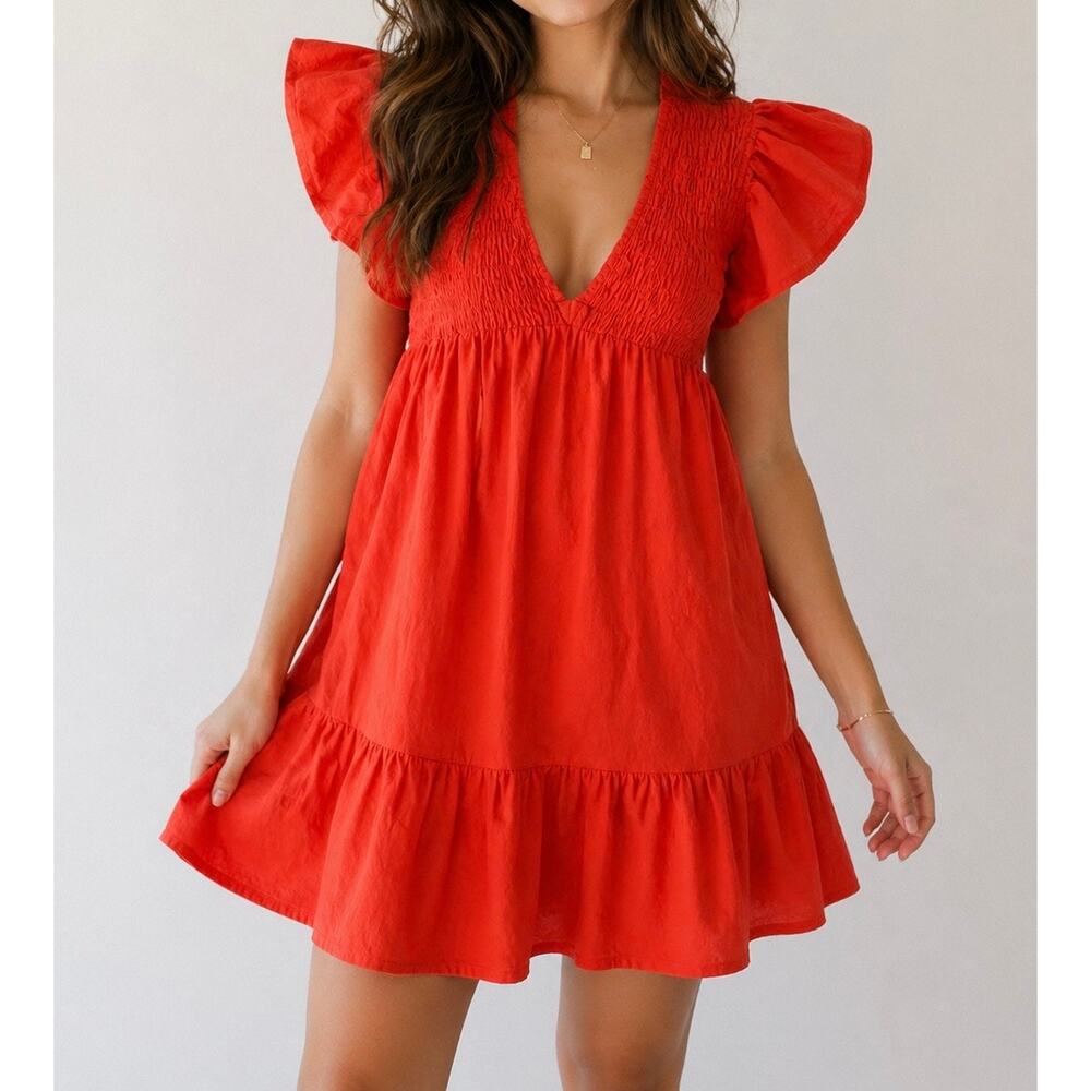 Rockin’ C Smocked V-Neck 100% Cotton Midi Dress Red Orange Size Medium